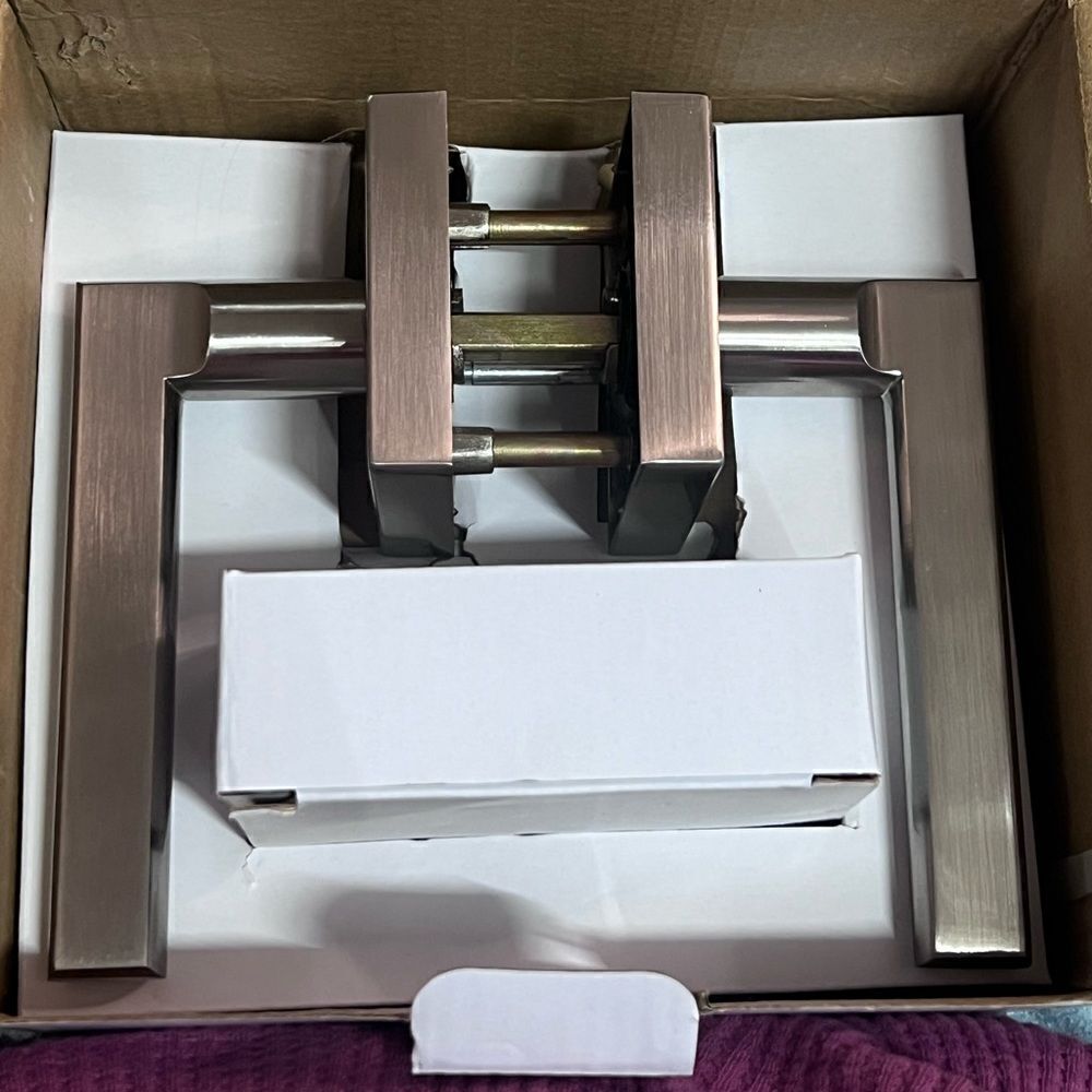 Modern Brushed Nickel Metal Interior Door Handles with Lock. Halifax Square. NIB